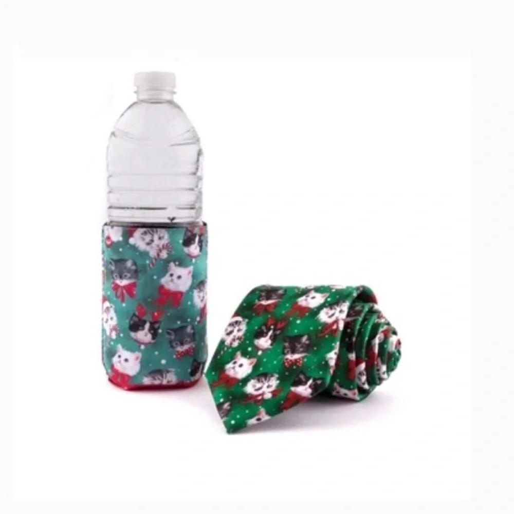 Christmas cat Noel holiday tie & drink holder set nwt
